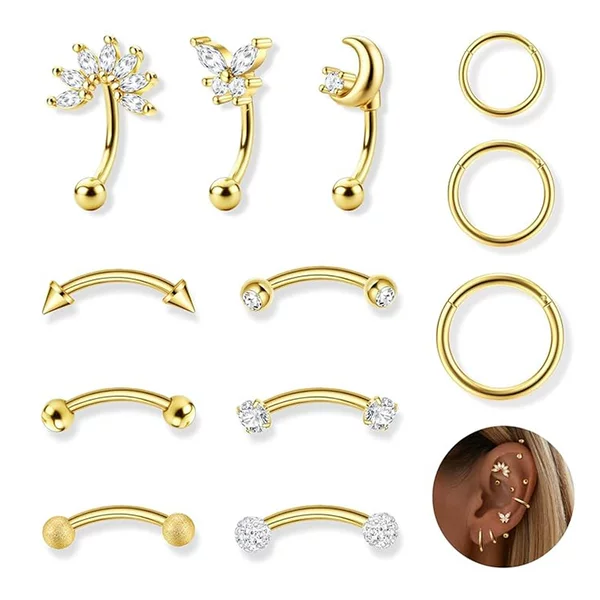 12-Piece Set of Amazon's New Zircon-Studded Earrings, Flower-Shaped Round Eyebrow Studs, Ear Bone Studs, Piercing Jewelry, Factory Ready Stock
