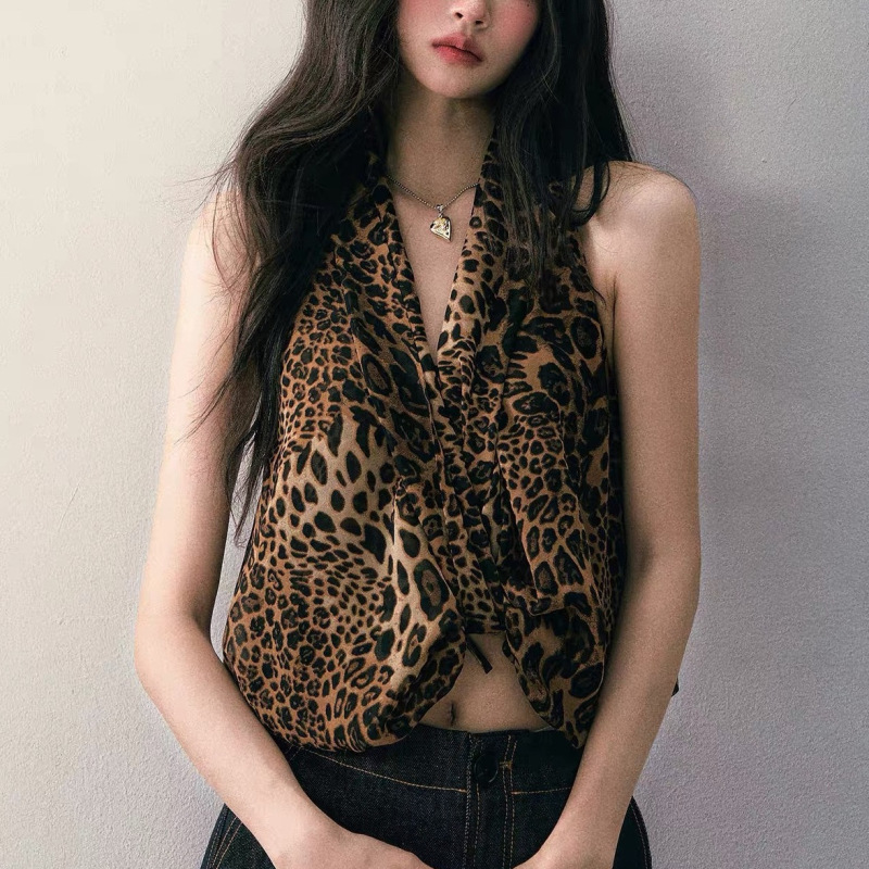 1P Studio Hot Leopard Print V-Neck Halter Top for Women Spring/Summer Irregular Knot Design Backless Top