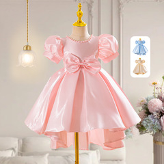 跨境批發泡泡袖蝴蝶結腰飾女童公主裙夏季寶寶晚宴禮服女童連衣裙