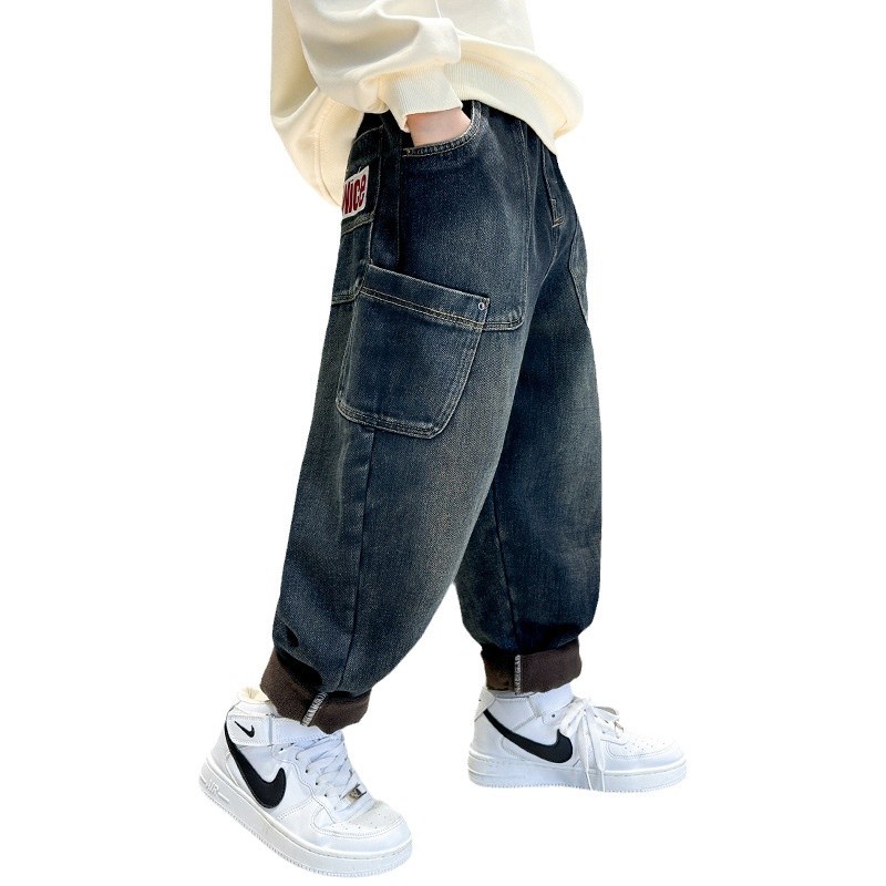 어린이 소년 기모 바지 겨울 청바지 2024 년 새 겨울 소년 원피스 양털 캐주얼 바지