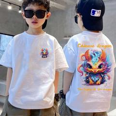 【100% Cotton】200g Boys' Summer New Dragon Print T-Shirt for Big Kids Children Short Sleeve Trendy Ins