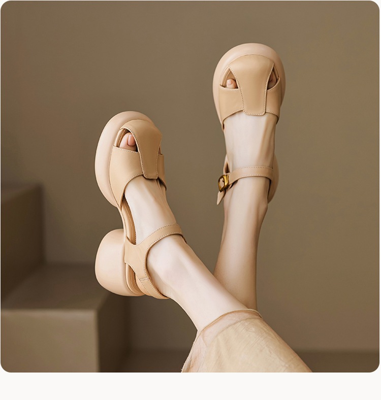 Sandal cao gót nữ bít mũi da cừu gót thô kiểu La Mã đế dày quai ngang — Màu trắng be chi tiết 19