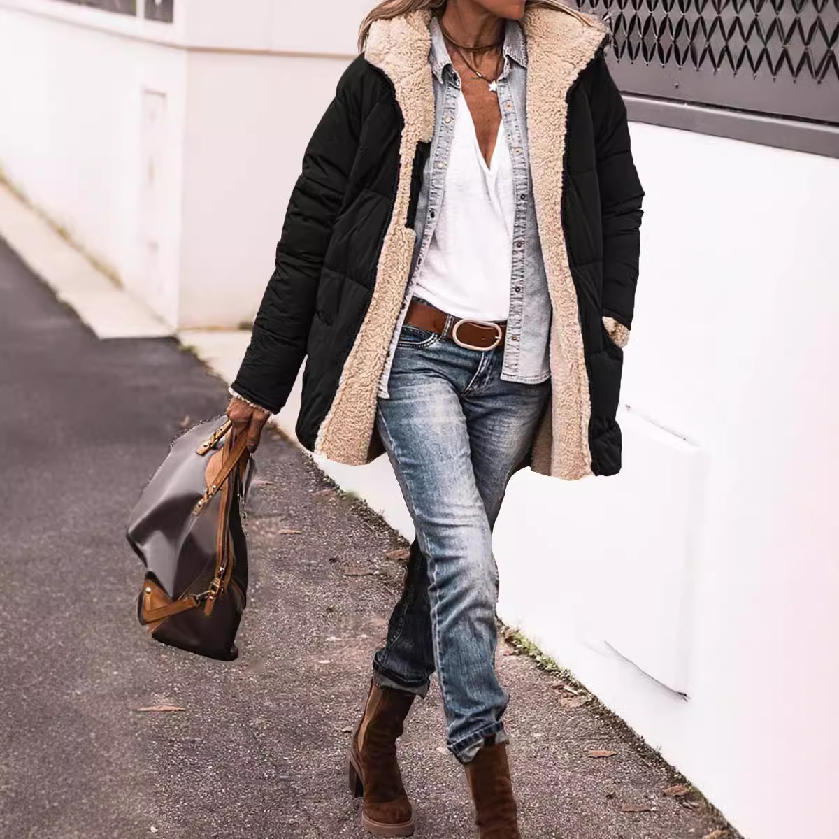 Women's Clothing Solid Color Hooded Cotton Coat Long Sleeved Reversible Slim Fitting Cardigan Jacket Top_voghion.com