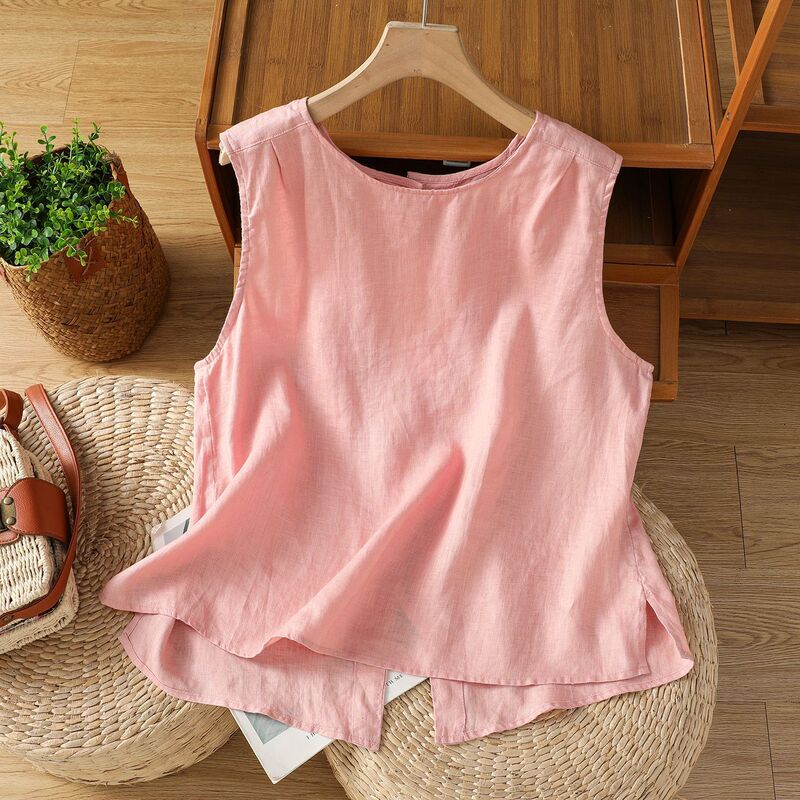 Simple and Elegant Cotton and Linen Sleeveless Shirt Vest for Women Summer Single-Breasted Round Neck Top Linen Two-Wear Design Shirt