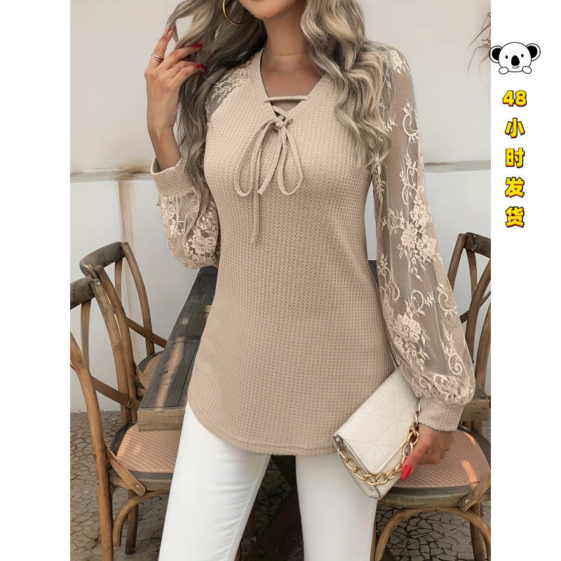 H 61934 Lace V-neck long-sleeve T-shirt H 61934 Lace V-neck long-sleeve T-shirt