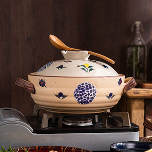 Japanese-Style Ceramic Clay Pot Shallow Pot Retro Style Hand-Painted High Temperature Resistant Household Eggplant Pot Open Fire Frying Pan