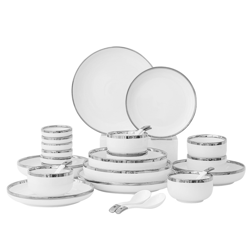 Simple luz Borde de plata de lujo vajilla de cerámica hogar tazón de arroz plato ins viento neto rojo tazón de fuente combinación traje