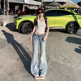 美式复古低腰辣妹喇叭裤修身显瘦弹力百搭牛仔裤女&长裤加长