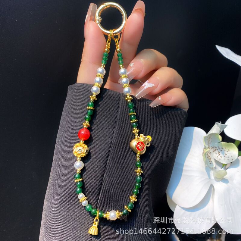 新年串珠手机链国风喜庆合金元宝福袋挂链水晶珠子手机挂绳女批发|undefined