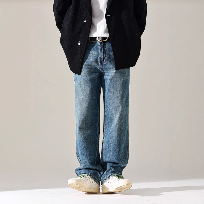 Autumn and Winter Narrow Wide Leg Loose Straight Blue Jeans Men's Teenagers College Style Wide Leg Pants Men's All-match Denim
