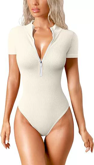 Женский боди-слип One-piece, короткий рукав, передняя молния, приталенный фактурный трикотаж