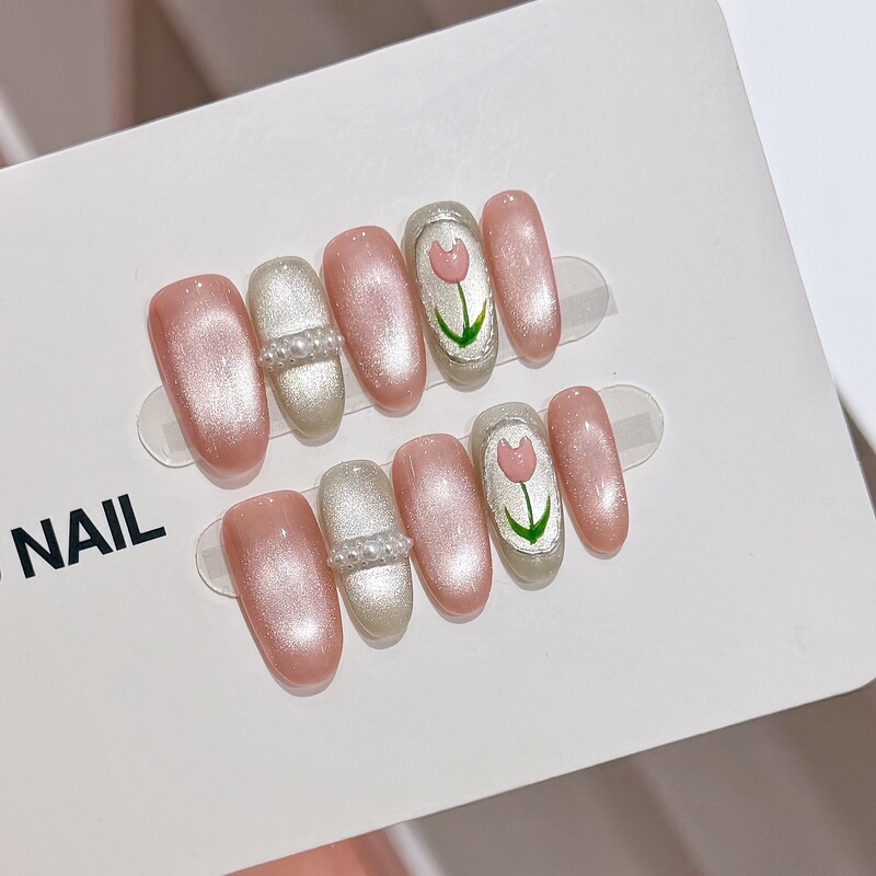 【Pink Impression】Pink Cat Eye Diamond-Studded Tulip Fashionable Light Luxury Handmade Wearable Nails Removable Nail Stickers 【Pink Impression】Pink Cat Eye Diamond-Studded Tulip Fashionable Light Luxury Handmade Wearable Nails Removable Nail Stickers