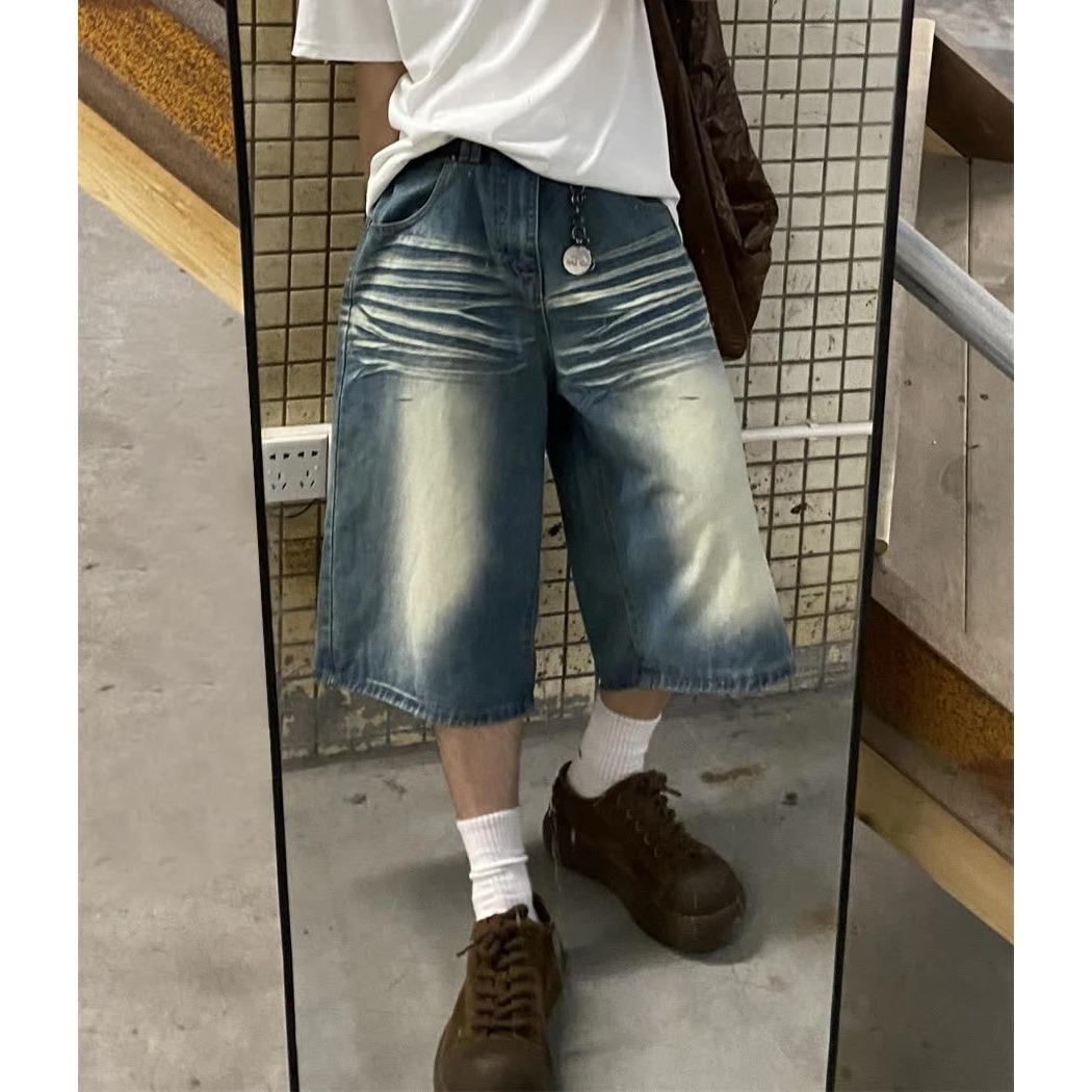 Men's Vintage Washed Blue Distressed Denim Shorts Loose Fit Streetwear Style Cargo Pants with Multi-Pockets_mkmklike.com