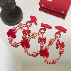 新年款大紅珠珠手機掛鏈可愛蝴蝶結髮字掛鏈軟妹毛絨球鑰匙鏈852