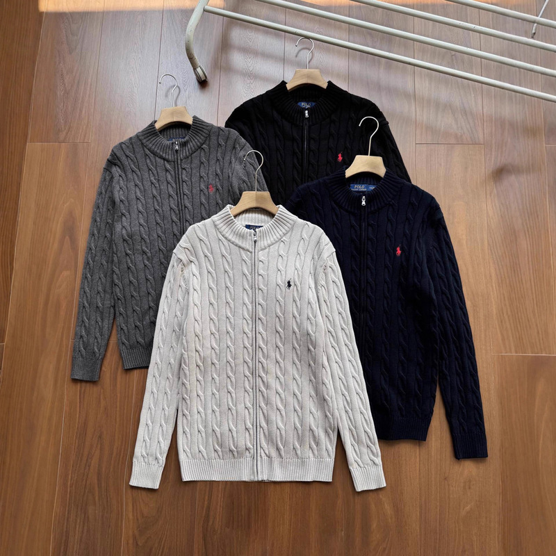 Trendy Foreign Trade In-Stock Rl Autumn and Winter Full-Zip Knitted Hemp Cardigan Sweater Jacket with Pony Embroidery