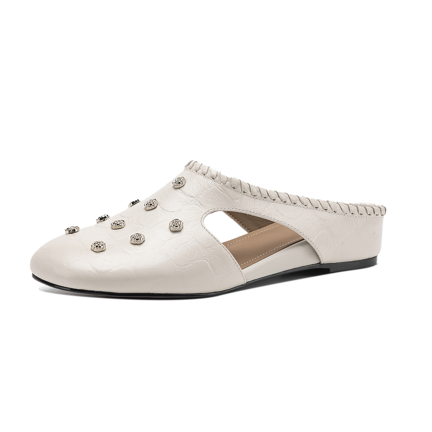 Sandal nữ hở mũi gót thấp da cừu vân đá, hoa đính mũi — đen