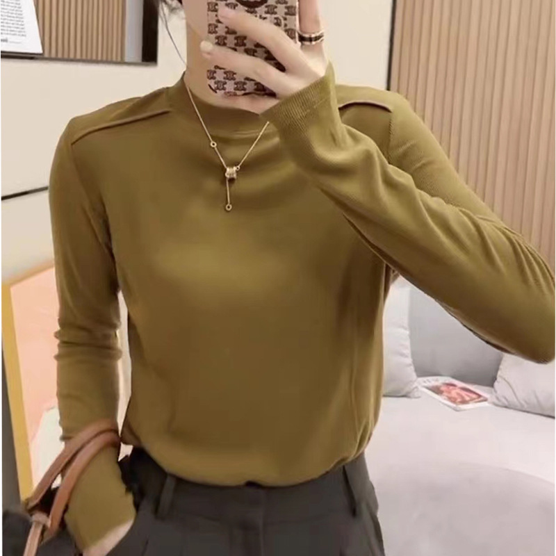 Autumn and Winter Thin Base Layer Shirt for Women, Can Be Worn Outside, Half-High Collar Fishbone T-Shirt, Women's Long-Sleeved Slim-Fit Versatile Top