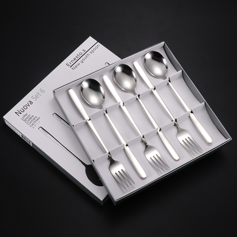 304 cuchara de acero inoxidable cuchara de postre coreano tenedor café mango largo cuchara mezcladora vajilla de acero inoxidable caja de regalo de 6 piezas