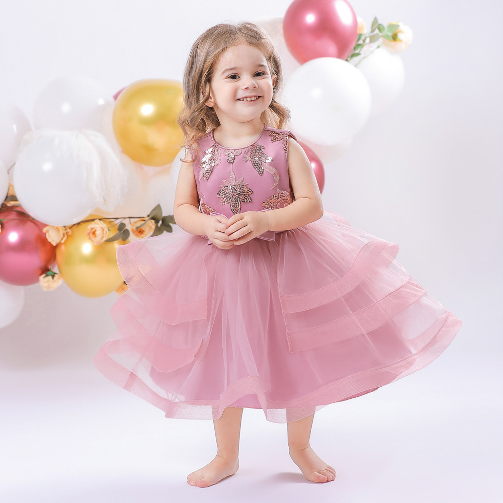 New Arrival Embroidered Sequin Sleeveless Tutu Dress Girl's Princess Dress Bow Mesh Dress Photography Dress