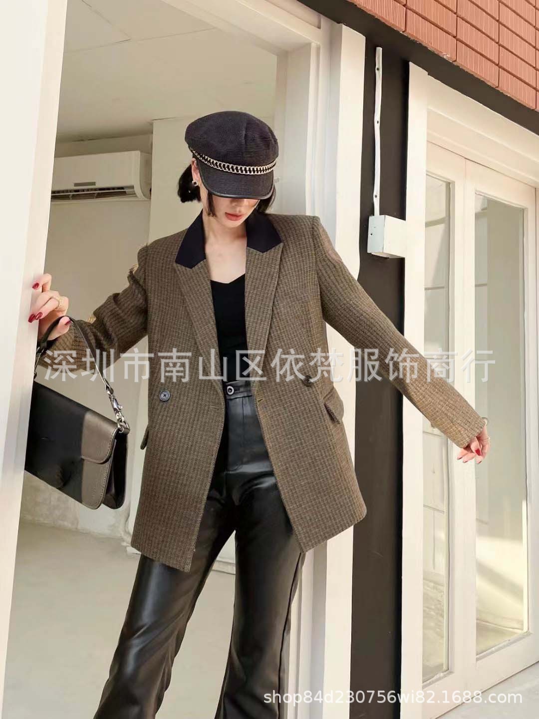 深圳南油高端女装复古撞色翻领御姐范大气干练通勤格纹西装外套女