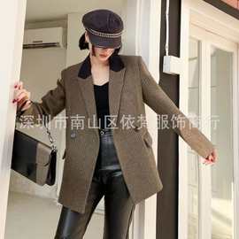 深圳南油高端女装复古撞色翻领御姐范大气干练通勤格纹西装外套女