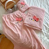 Коралловый бархат милый кот девушка может обернуть сердце халат полотенце мягкое впитывающая сухая шапка для волос утолщение универсальное полотенце