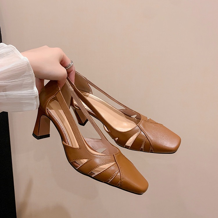 Giày cao gót nữ da thật mũi vuông nhỏ, gót cao 9 cm, phong cách thời trang xuân hè — màu nâu, màu trắng ngà chi tiết 77