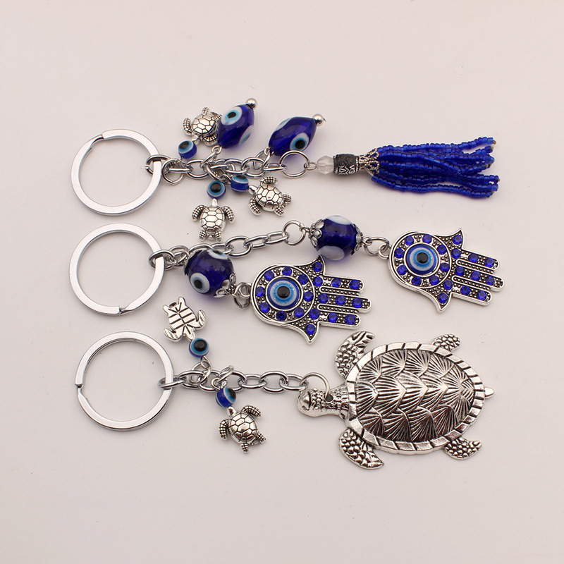 Amazon Hot Selling Evil Eye Silver Keychain Fatima Protection Pendant Blue Good Luck Keychain Amazon Hot Selling Evil Eye Silver Keychain Fatima Protection Pendant Blue Good Luck Keychain