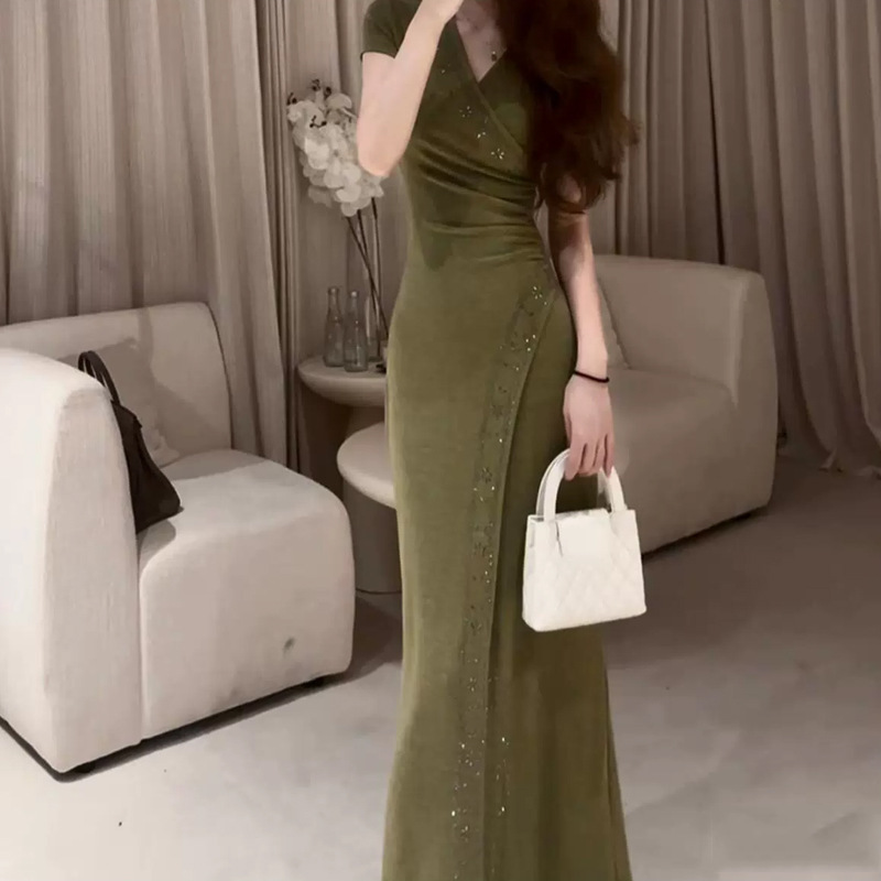Sage Green Summer Dress! French-Style Light Luxury Vibe, New Summer Sage Green Slit Dress Trend