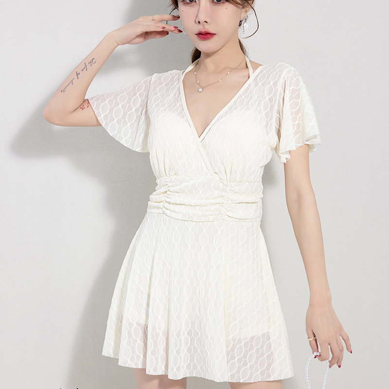 2025 new swimsuit women's conservative solid color fresh one-piece skirt swimsuit beach hot spring collar swimsuit wholesale