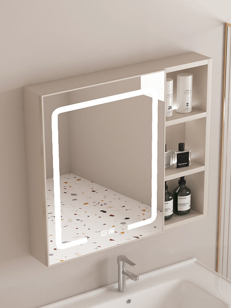 Bathroom Mirror Cabinet Space Aluminum Wall-Mounted Storage Mirror Cream Style Combination Bathroom Simple Wall-Mounted Smart Mirror Box