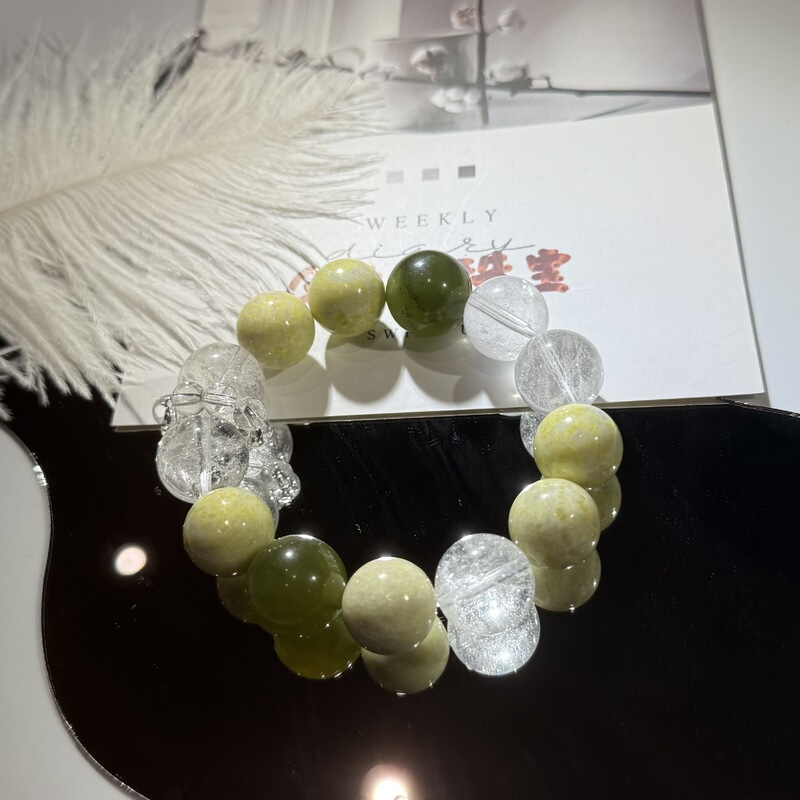 天然菜花玉岫玉白水晶手链女款小众设计款单圈手串三色撞色手饰|undefined