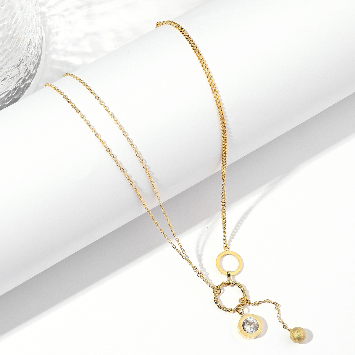 Korean version of fashionable stainless jewelry with diamond inlay, round ball tassel chain, versatile titanium steel_voghion.com