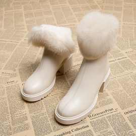 真兔毛雪地靴女冬2024新款真皮高跟女鞋白色加绒加厚保暖棉鞋棉靴