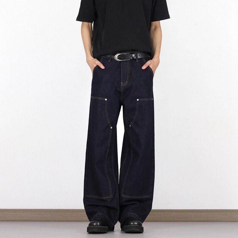 American Retro Dark Blue Double-Knee Work Jeans Men's Trendy Brand Handsome Loose Straight Pants