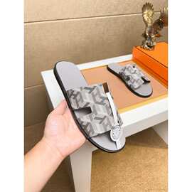 欧洲站男凉托鞋沙滩潮流H真皮印花夏季防滑牛皮一字沙滩男拖潮鞋