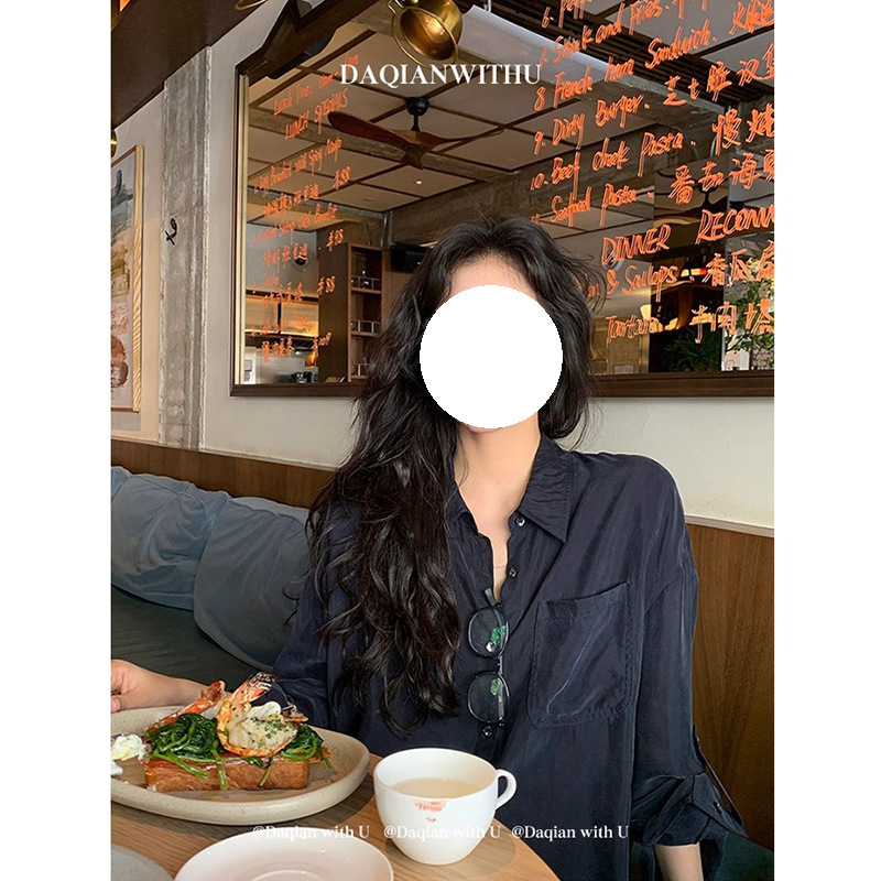 Navy Blue High-End Glossy Cupro Silk Cool Temperament Shirt Women's Design Niche Shirt