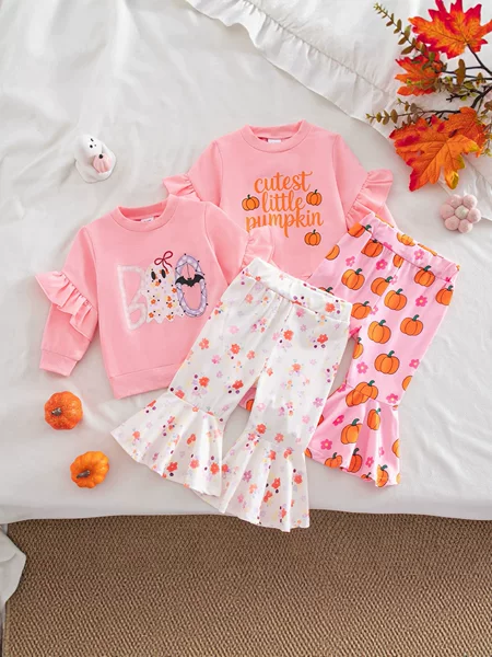 Cross-Border Girls' Halloween Autumn Stylish Casual Cartoon Sweatshirt and Pants Set for Girls, European and American Sweet Style, Comfortable for Outdoor Wear