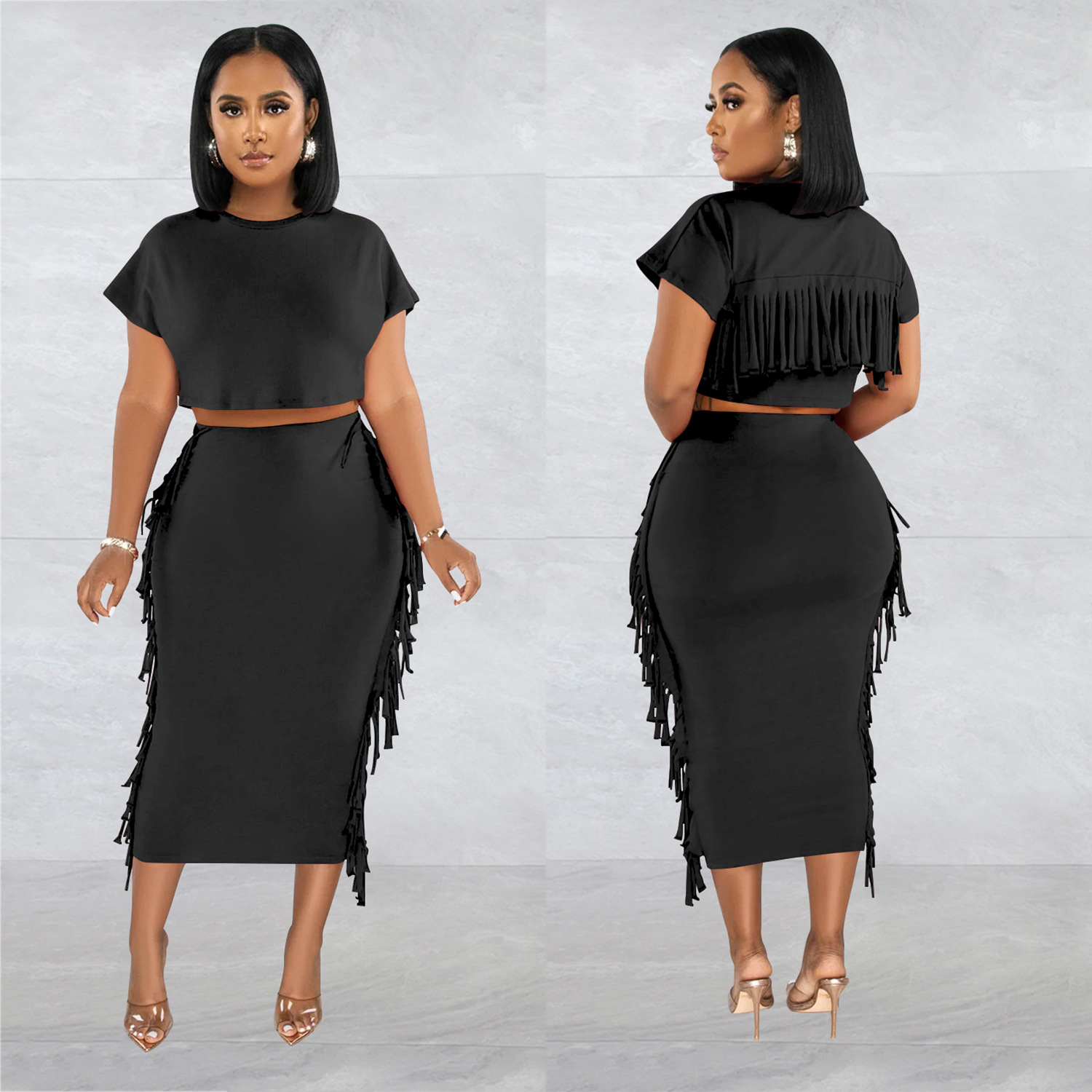 X6331 transfronterizo AliExpress Amazon ropa de mujer de moda europea y americana borla de color sólido cuello redondo Vestido de manga corta conjunto de dos piezas