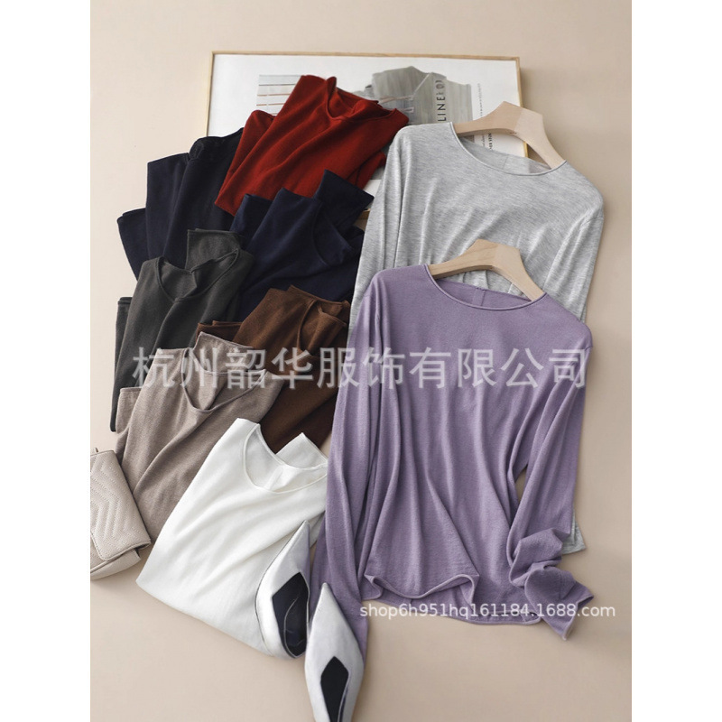 Round Neck Rolled-Edge Simple Solid Color Knit Sweater, Loose Fit Cashmere and Silk Blend Thin Top
