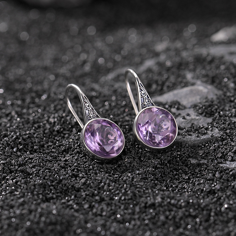 Bông tai bạc S925 đính đá thạch anh tím citrine họa tiết đường cỏ hình học phong cách retro — Mô hình Citrine