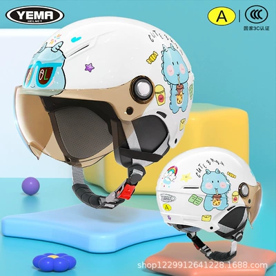 Motosiklet kaskı (dəbilqə) – Girls, All-Season Model for Boys - four-seasons-ceramic-white-milk-tea-little-dinosaur-light-silver-short-mirror