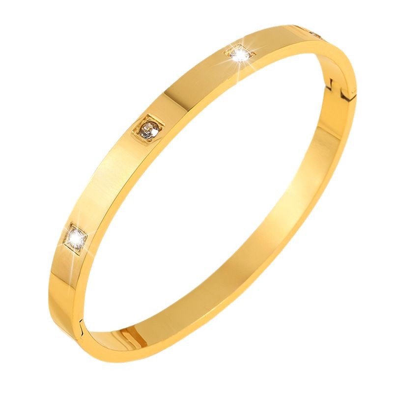 Pulsera de acero titanio con cuatro diamantes cuadrados, que no se decolora, pulsera con incrustaciones de diamantes a la moda para mujer, pulsera de acero inoxidable de alta gama