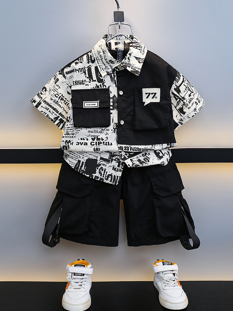 7191 niño vestido de verano hermoso traje de herramientas fino para niños 2025 nuevo estilo coreano camisa de manga corta pantalones cortos para bebé