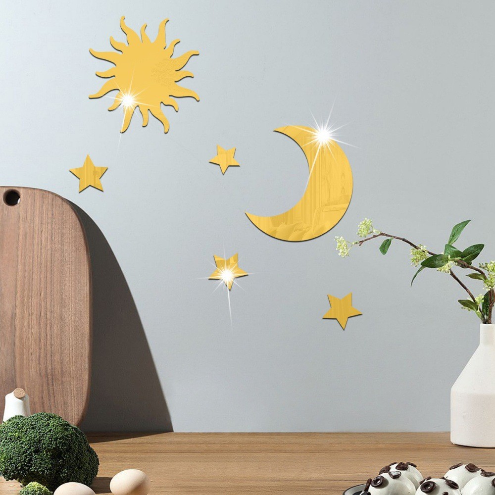 Óculos de Sol Estrela e Lua em Acrílico 3D Autoadesivos DIY para Quarto e Sala de Estar, Removíveis, com Espelho de Parede._voghion.com