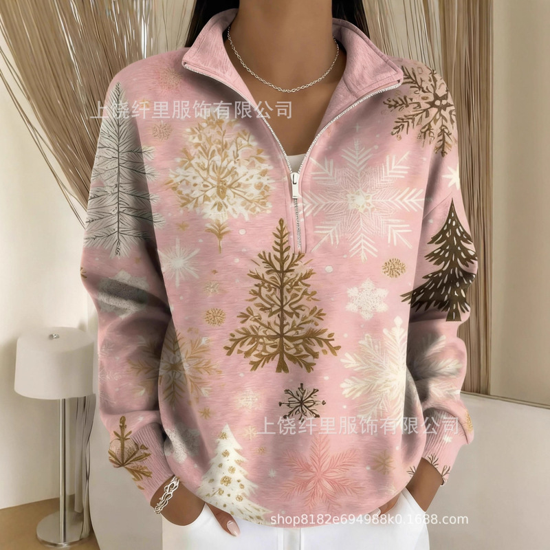 Cross-Border Amazon Independent Site New 3D Printed Women's Fashion Casual Christmas Stand-Up Collar Zipper Autumn and Winter Sweatshirt