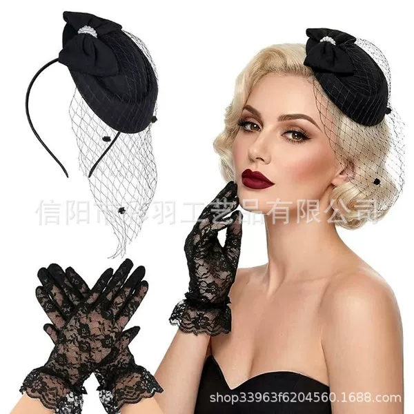 Trendy European and American retro-style flight attendant hat, hairpin, hair clip, dual-use headband, simple, fashionable, elegant mesh glove set