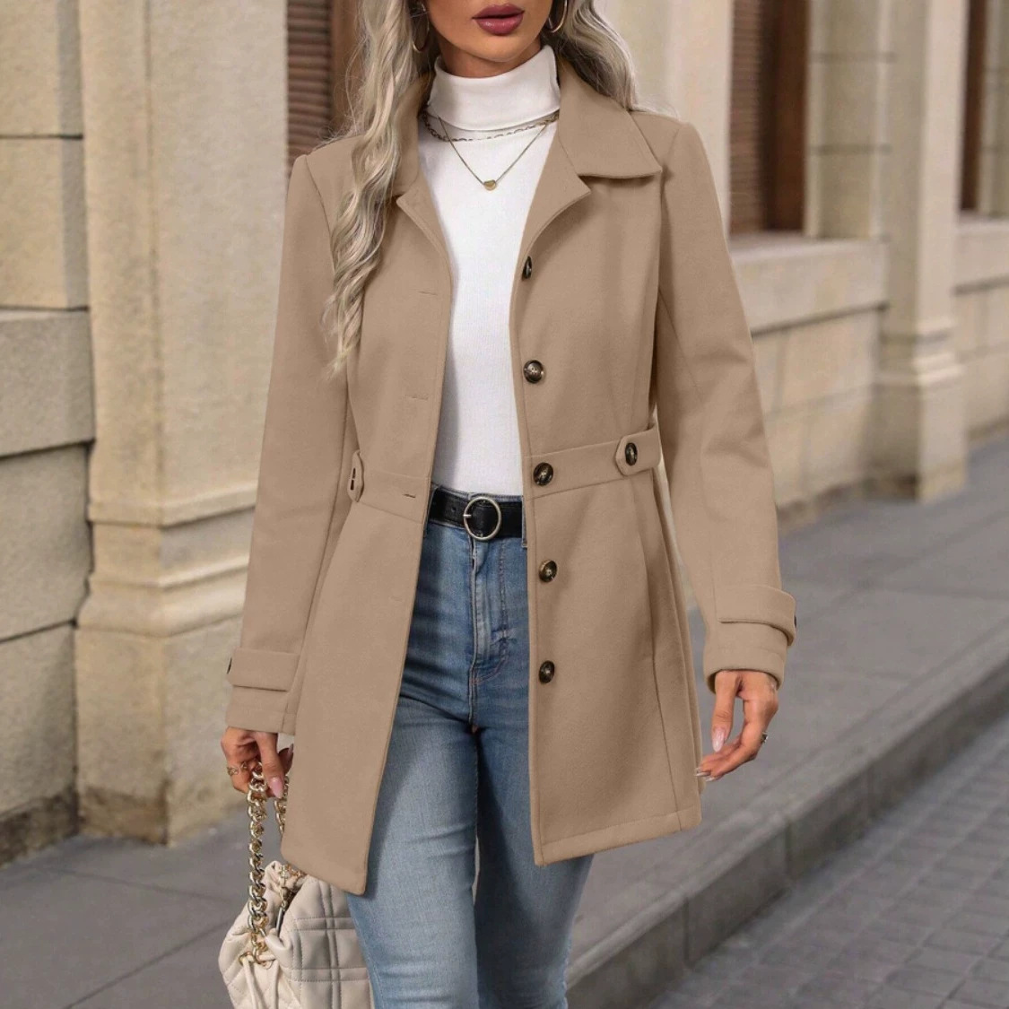 Cross-Border 2026 Autumn and Winter New Mid-Length Elegant Woolen Coat with Lapel and Buttons, Slim Fit Woolen Jacket