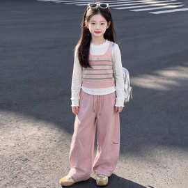甜美风女童春秋毛衣马甲三件套2026新款大童秋装条纹针织背心套装