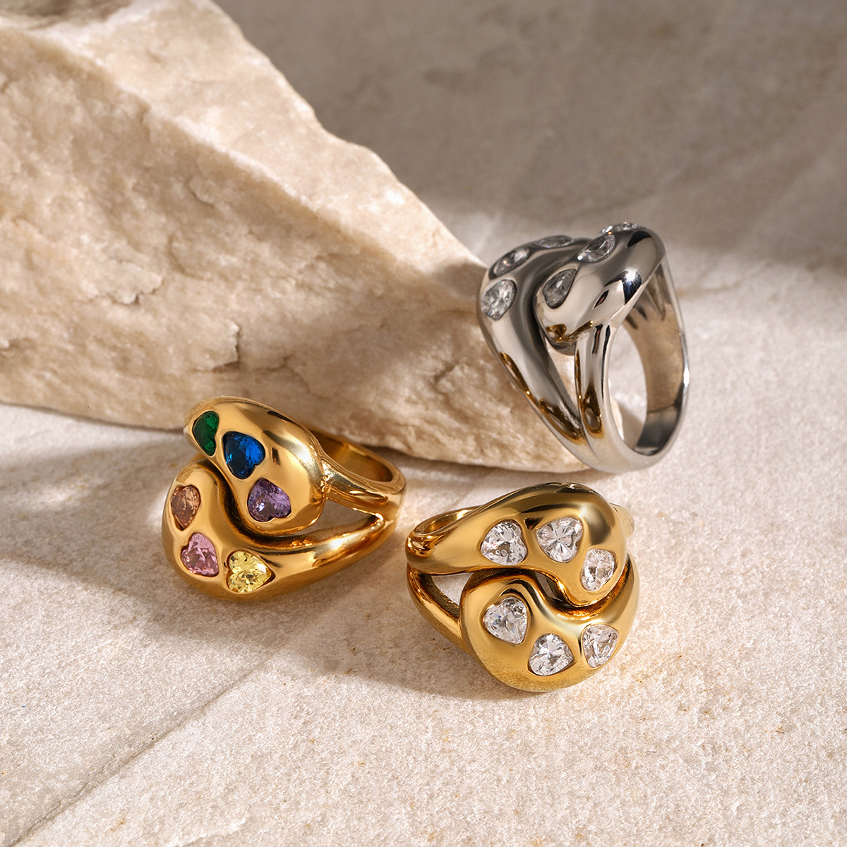 brand glossy ring with stone stainless steel drop-shaped heart…